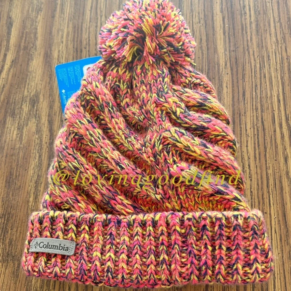 Columbia Colorful Pink Yellow Fleece Lined Beanie Knit Hat NWT
